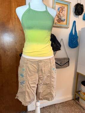 Y2K Route 66 Embroidered Dragonfly Floral Cargo Bermuda Shorts